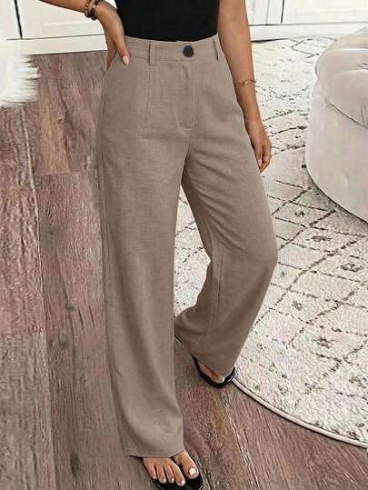 SHEIN Holidaya Women's Solid Color Textured Fabric Casual Loose Pants,Summer Khaki Office Vacation Leisure Trousers,Ladies Linen Pants Not See Through